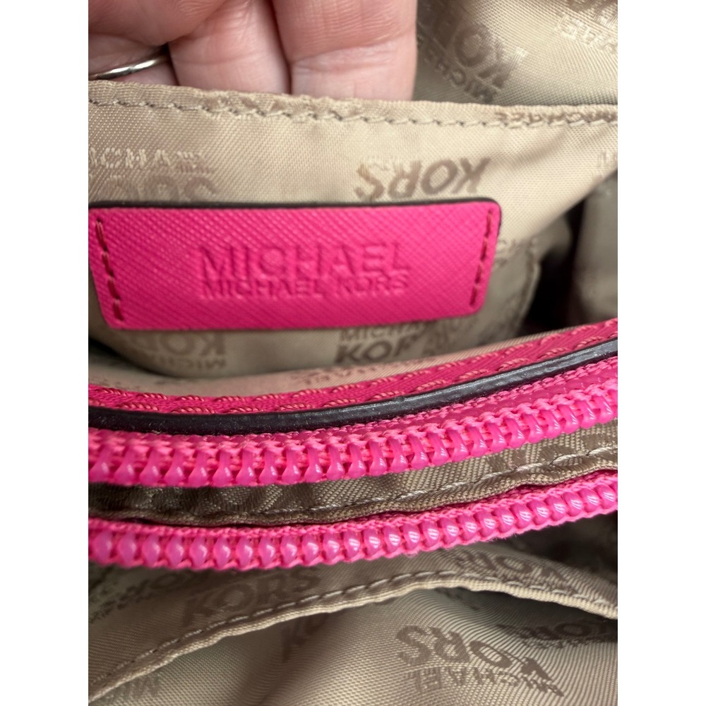 Michael Kors Pink Floral Signature Logo Satchel Handbag Gold Tone Hardware - Picture 8 of 8
